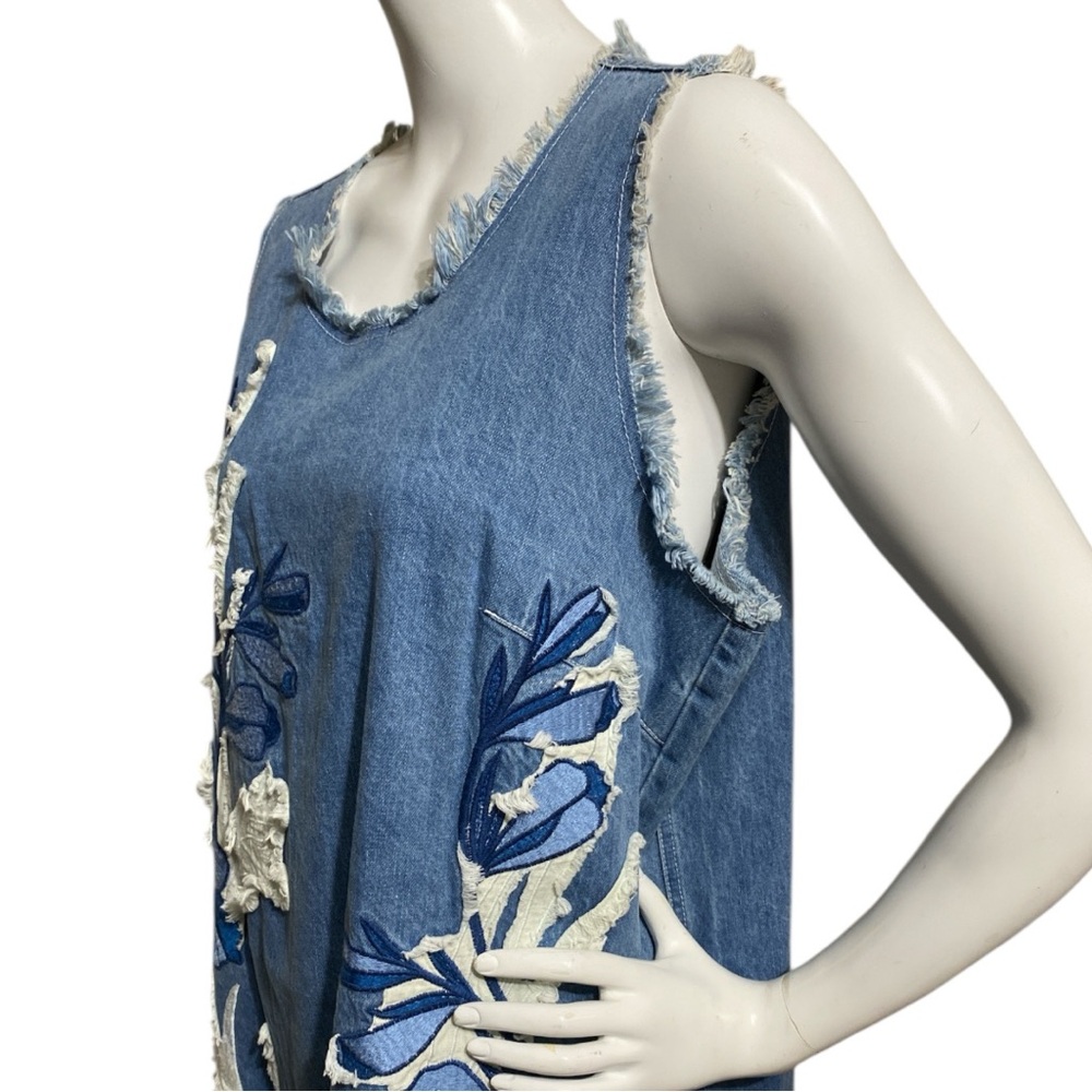 Anthropologie Dor Dor Couture Denim Dress Floral Applique Fray Sleeveless XLarge - Picture 12 of 16
